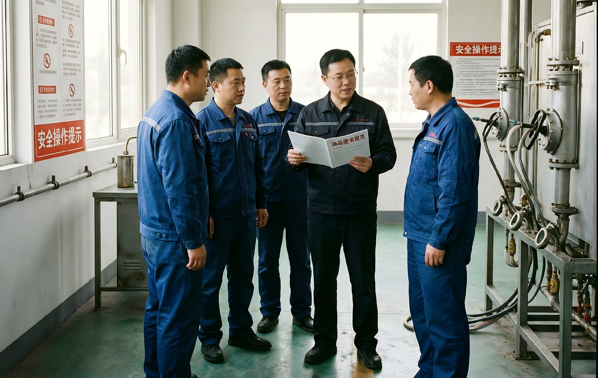 1780838066115371.png Wan_图片生成_提示词 2(免费技术 & 培训服务)_适用场景:技术培训、远程指导、现场教学配图_提示词:工厂运维人员围站交流,技术讲师手持资料讲解油品使用规.png